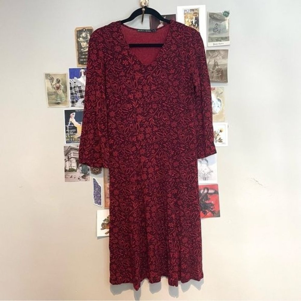 GUDRUN SJODEN MODAL JERSEY V NECK LONG SLEEVE KNEE LENGTH DRESS FLORAL RED M